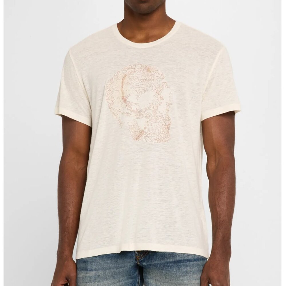 John Varvatos Men's Skull Metallic Embroidery SS Crew T-Shirt Linen Blend Salt